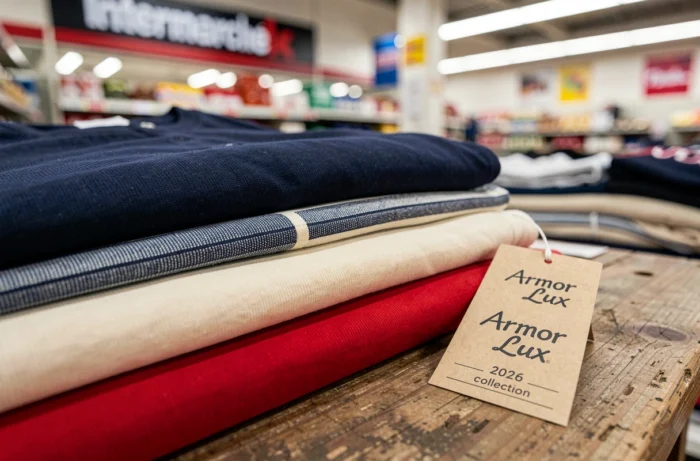 Détail de marinières Armor Lux empilées avec l'étiquette de la collection 2026 pour Intermarché