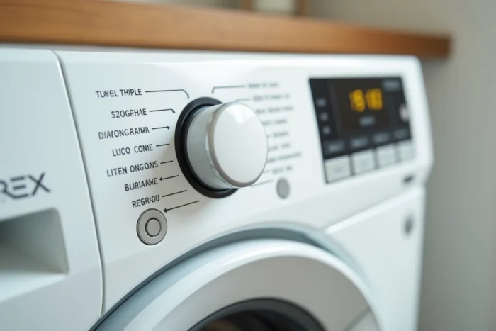 Gros plan sur le tableau de bord et le sélecteur de programme d'un lave-linge blanc