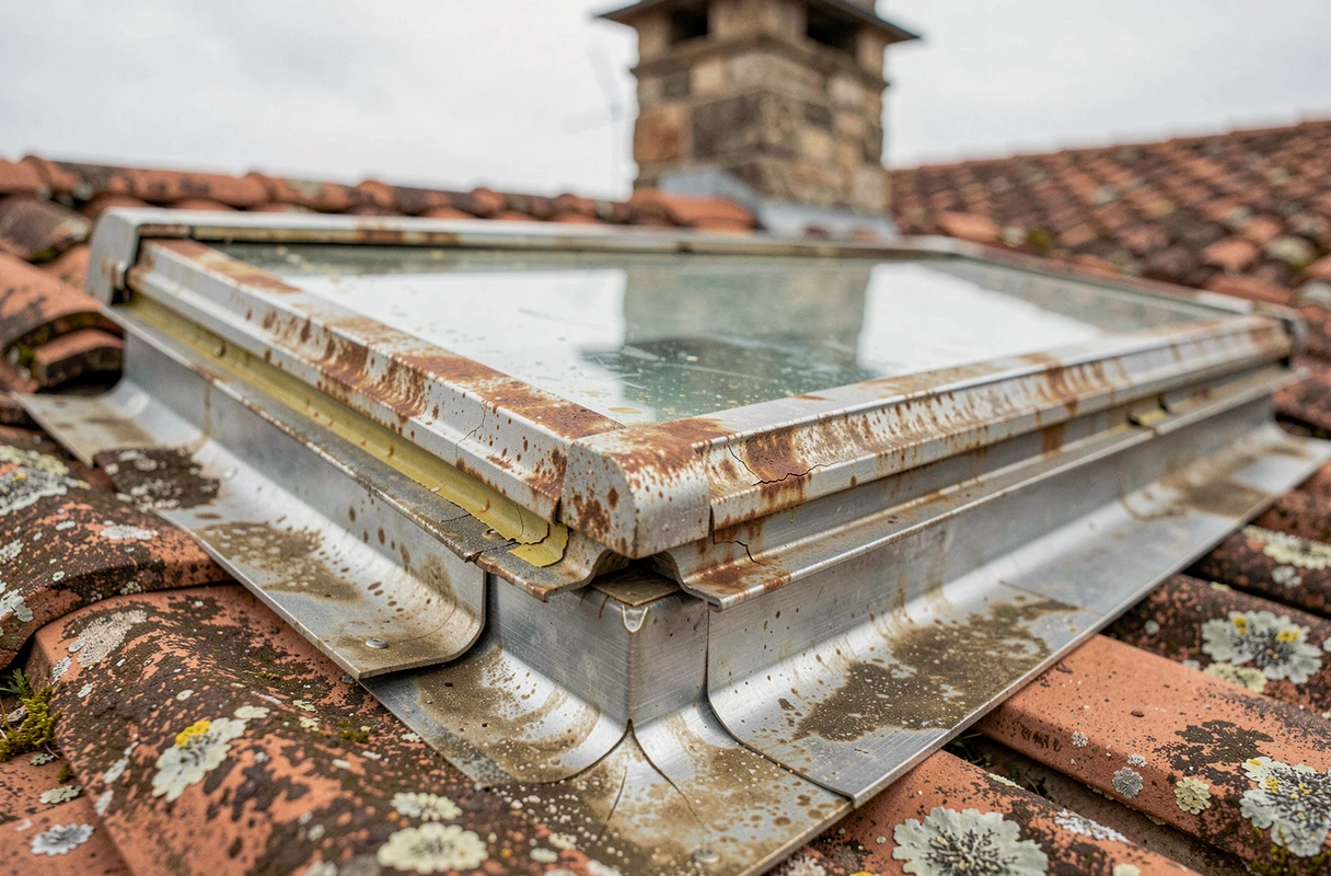 Gros plan sur un ancien Velux détérioré avec joints craquelés et encadrement oxydé sur toiture en tuiles