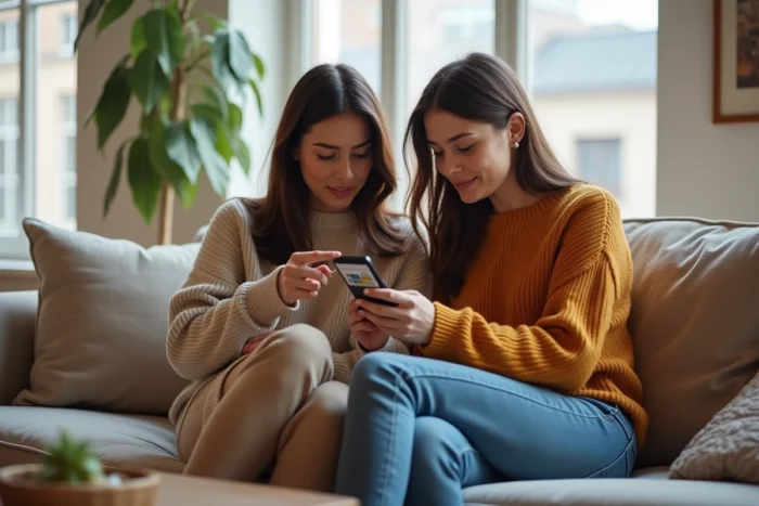 Deux femmes découvrant ensemble les fonctionnalités du site Miss Marion sur un smartphone dans un salon cosy