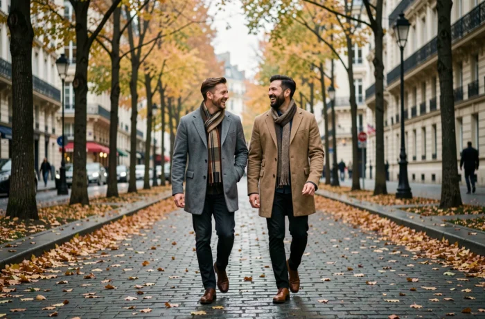 Deux hommes marchant ensemble sur un boulevard parisien en automne, symbolisant la complicité et la vie sentimentale de personnalités médiatiques