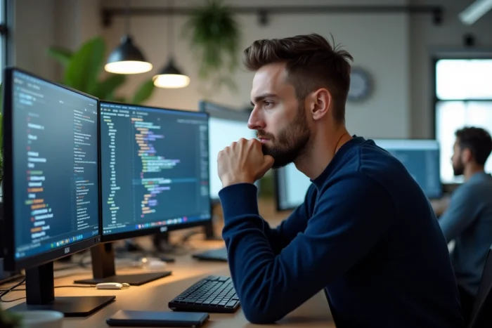 Développeur web masculin travaillant sur deux écrans dans un espace de coworking moderne