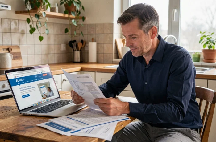 Homme consultant les documents de remboursement à 100% de l'Assurance maladie pour une affection longue durée