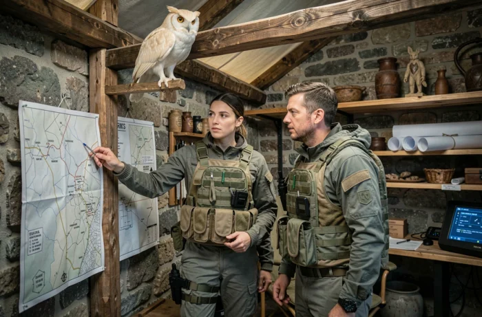 Deux joueurs et un compagnon Pal hibou dans une tente de commandement planifiant la gestion du camp dans Palworld