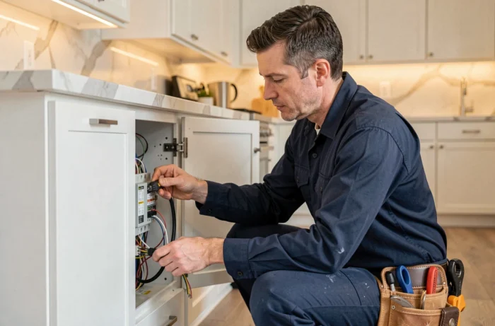 Électricien professionnel en uniforme inspectant un tableau électrique dans une cuisine moderne