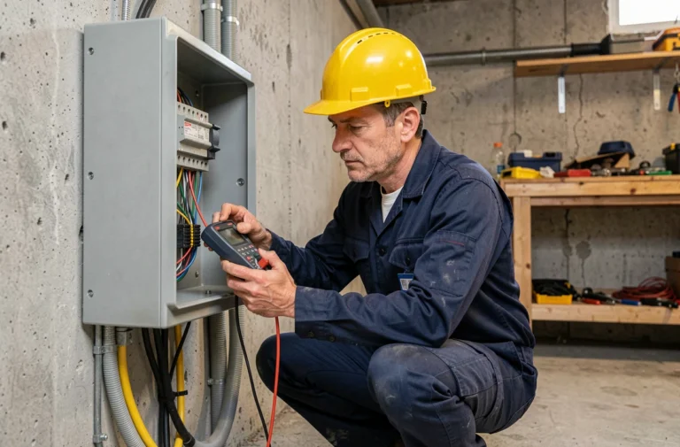 Électricien professionnel inspectant un tableau électrique dans un sous-sol résidentiel avec un multimètre