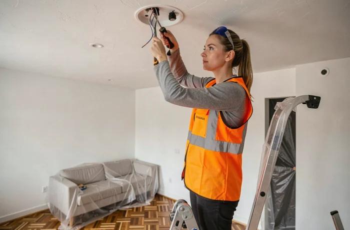 Électricienne installant un luminaire au plafond dans un appartement en rénovation