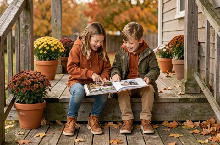 Deux enfants frère et sœur feuilletant un album photo de famille personnalisé assis sur les marches d'un porche en automne