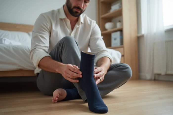 Homme enfilant une chaussette taille 42 assis sur le sol de sa chambre dans une scène du quotidien