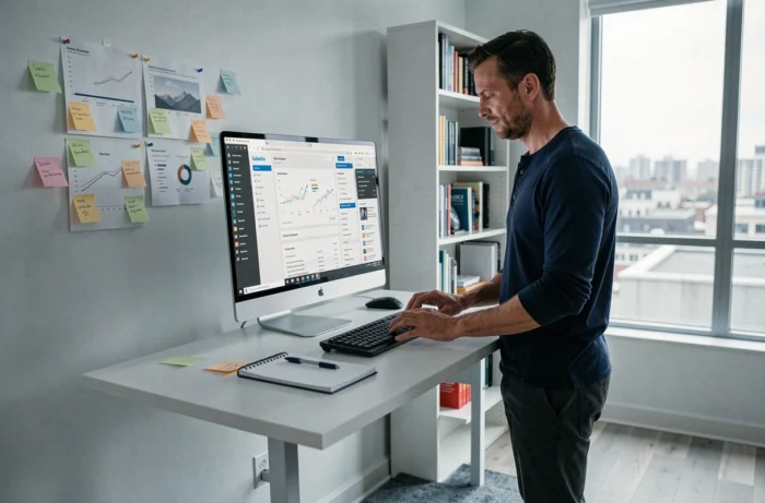 Entrepreneur en home office consultant des pages de ressources business sur un grand écran d'ordinateur