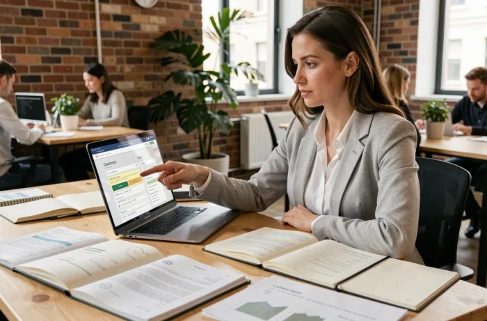 Entrepreneuse consultant des ressources en ligne sur son ordinateur portable dans un espace de coworking moderne
