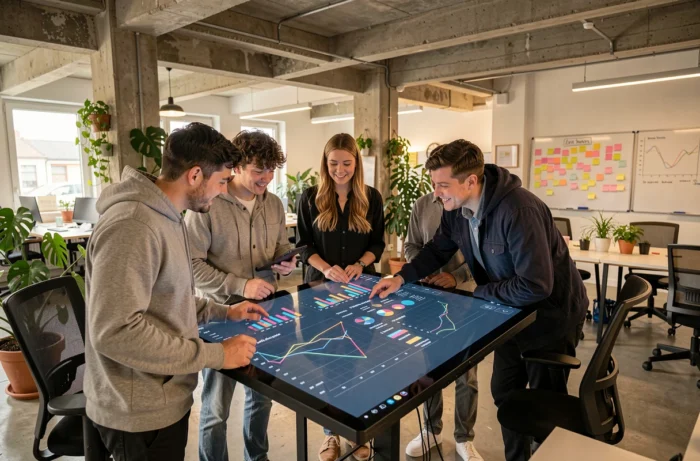 Équipe de jeunes professionnels analysant les tendances du numérique breton sur un écran interactif dans un open-space de startup