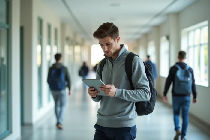 Étudiant consultant les ressources de l'ENT UTC sur une tablette dans un couloir universitaire