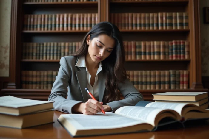 Étudiante en droit annotant des arrêts de jurisprudence dans une bibliothèque universitaire française pour étudier l'arrêt Perdereau