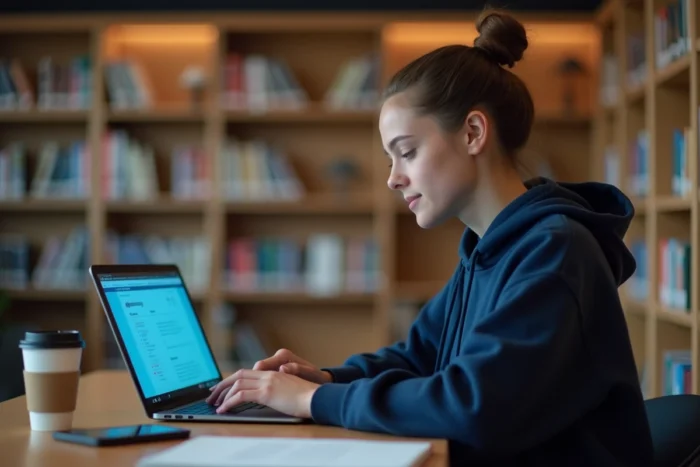 Étudiante accédant à l'ENT UTC sur son ordinateur portable dans une bibliothèque universitaire moderne