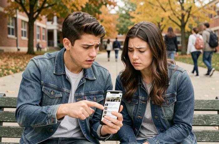 Deux jeunes étudiants analysant ensemble un fil d'actualité sur smartphone pour distinguer faits et opinions