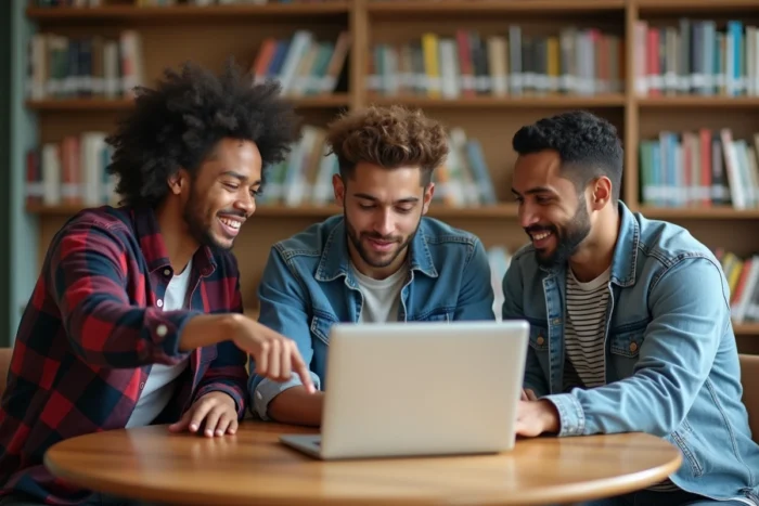 Groupe d'étudiants apprenant le développement web ensemble dans une bibliothèque universitaire