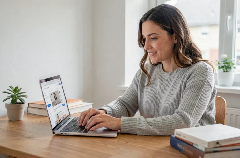 Femme explorant les pages d'un site web sur un ordinateur portable dans un bureau minimaliste