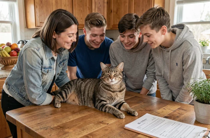 Famille accueillant un chat tigré à la maison après son adoption, scène quotidienne chaleureuse