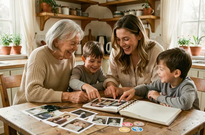 Famille multigénérationnelle créant ensemble un album photo personnalisé autour d'une table en bois avec des photos imprimées et des accessoires de scrapbooking