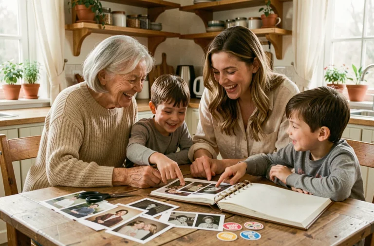 Famille multigénérationnelle créant ensemble un album photo personnalisé autour d'une table en bois avec des photos imprimées et des accessoires de scrapbooking