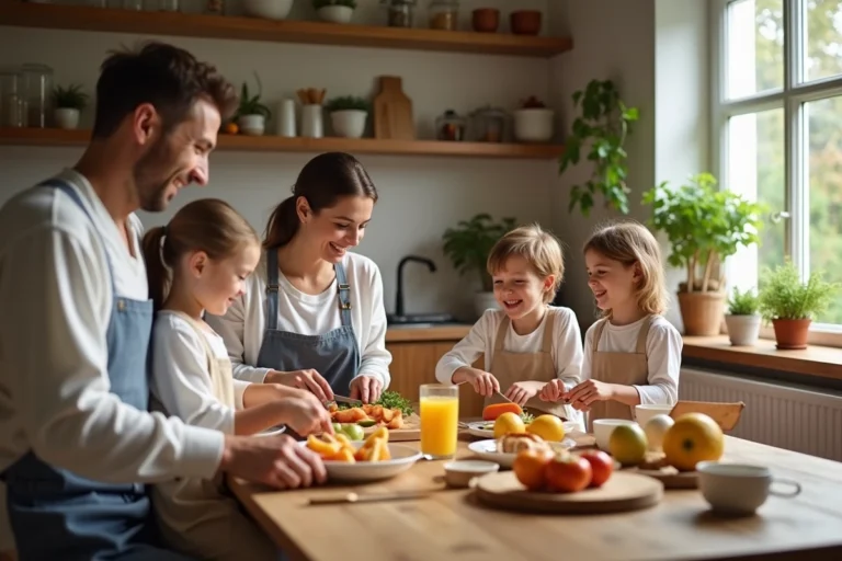 Famille épanouie préparant le petit-déjeuner ensemble dans une cuisine scandinave chaleureuse