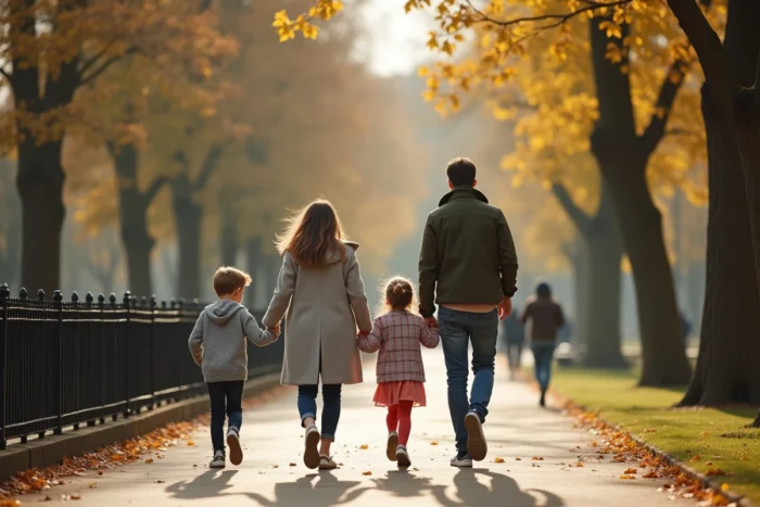 Une famille française avec deux enfants se promenant dans un parc parisien en automne, ambiance décontractée et authentique