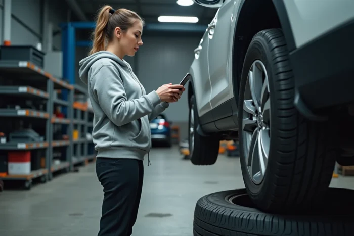 Femme particulier comparant des pneus sur smartphone dans un garage avec une voiture sur cric