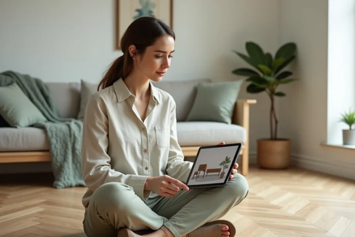 Femme utilisant une application de décoration intérieure 3D sur tablette dans un salon scandinave minimaliste