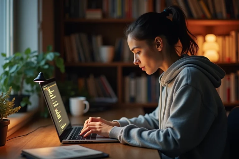 Jeune femme apprenant le développement web sur son ordinateur portable dans un bureau à domicile