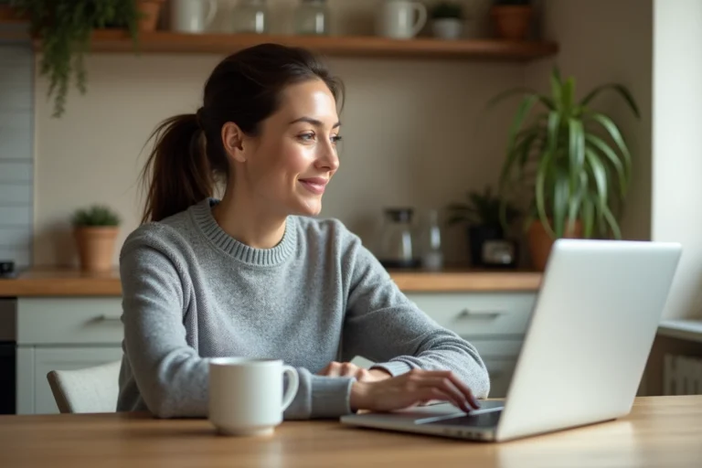 Femme consultant les options d'assurance Cdiscount sur un ordinateur portable à la maison
