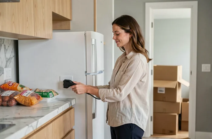 Femme branchant un réfrigérateur blanc dans une cuisine moderne après avoir attendu suite à un déménagement