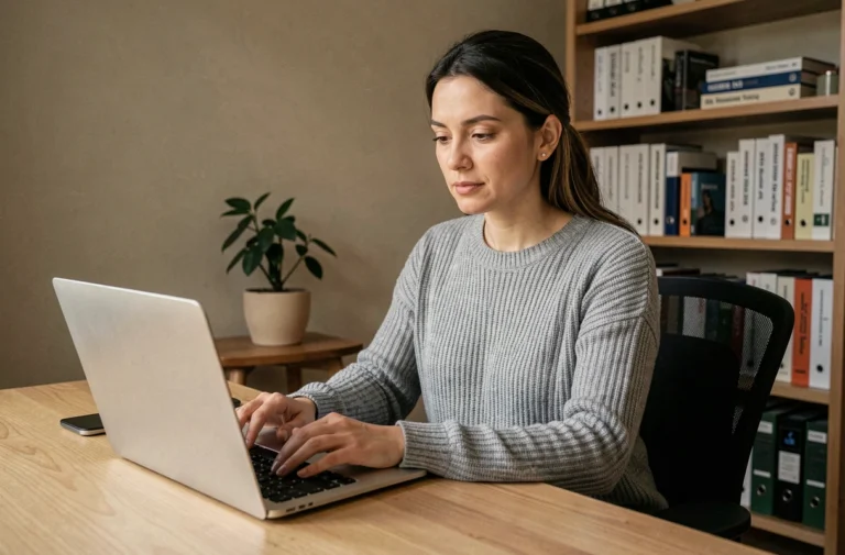 Femme utilisant un ordinateur portable dans un bureau à domicile pour apprendre l'informatique