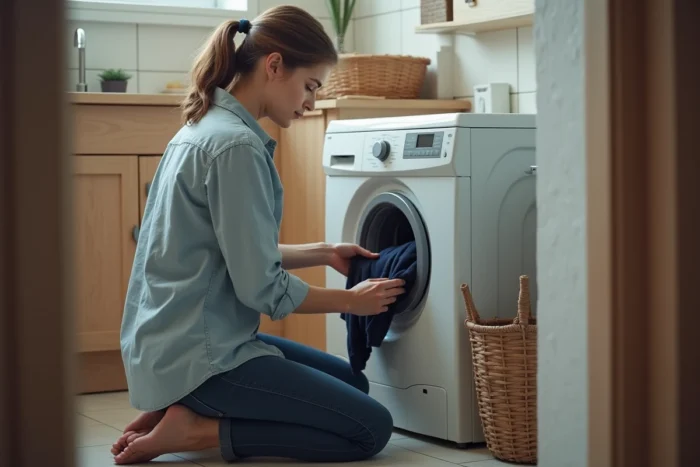 Femme chargeant du linge dans un lave-linge à hublot dans une salle de bain d'appartement