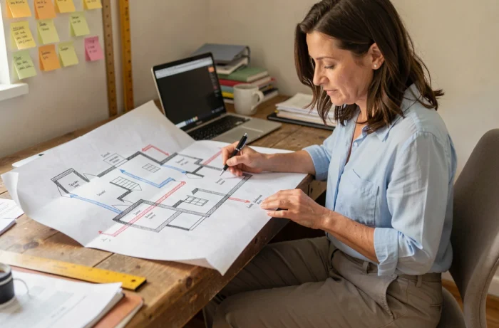 Femme consultant le plan des canalisations de sa maison dessiné sur un grand document papier