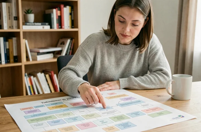 Femme consultant un plan de site internet imprimé sur un bureau en bois dans un bureau à domicile moderne