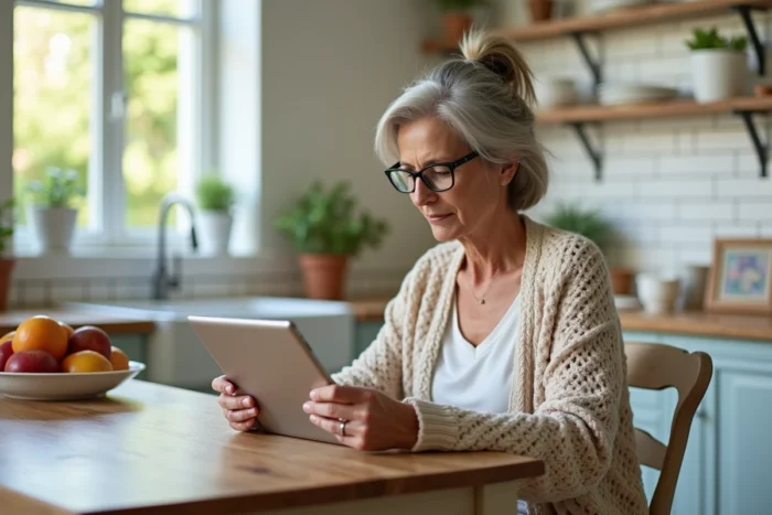Femme d'âge mûr consultant ses comptes bancaires en ligne sur une tablette dans sa cuisine