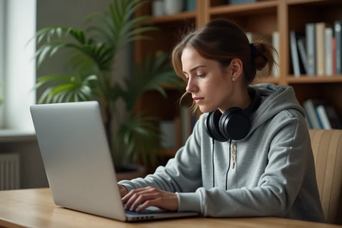 Jeune femme utilisant un convertisseur MP3 gratuit sur son ordinateur portable pour extraire de l'audio depuis YouTube