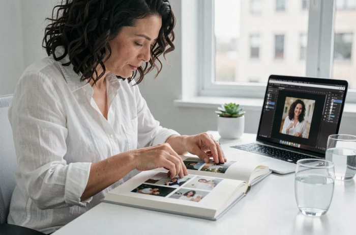 Femme arrangeant des photos imprimées dans un album photo personnalisé à son bureau à domicile minimaliste