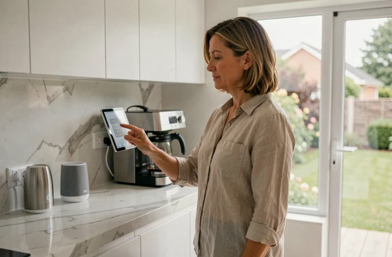 Femme utilisant un tableau de bord domotique dans une cuisine connectée moderne avec objets intelligents