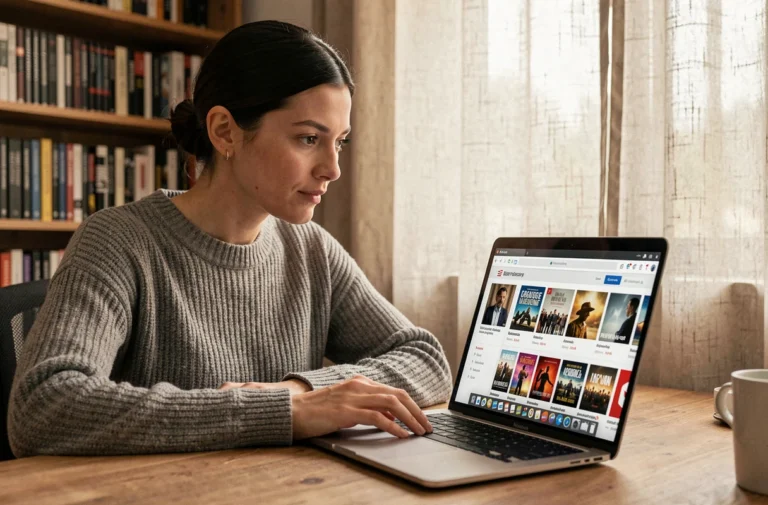 Femme découvrant un film du jour sur un site de recommandation cinéma depuis son bureau à domicile