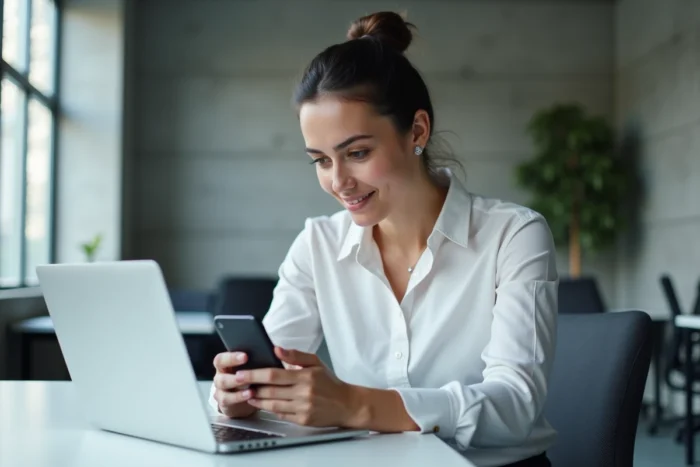 Femme consultant son smartphone pour résoudre un problème de connexion à un service cloud au bureau