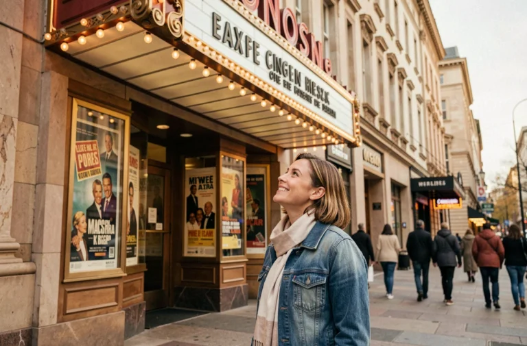 Femme souriante devant la façade d'un cinéma classique avec affiches de films dans une rue urbaine