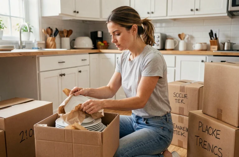 Femme emballant de la vaisselle fragile dans des cartons lors d'un déménagement organisé en cuisine
