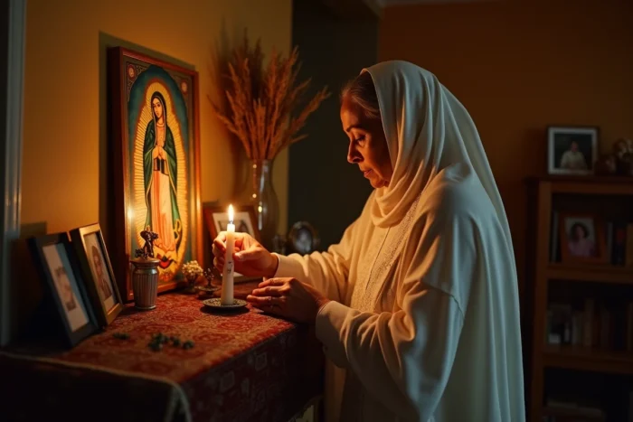 Femme éthiopienne en prière devant un autel religieux orthodoxe à la maison, illustrant la foi et les traditions culturelles à l'origine de l'identité de The Weeknd
