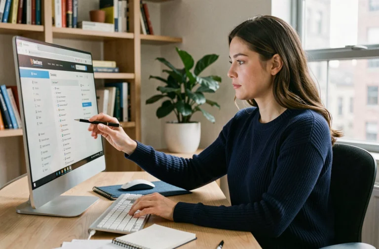 Femme explorant la structure d'un site web sur son écran d'ordinateur dans un bureau à domicile moderne