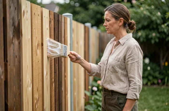 Femme appliquant le gel protecteur bois Parkside sur un panneau de clôture en bois dans un jardin