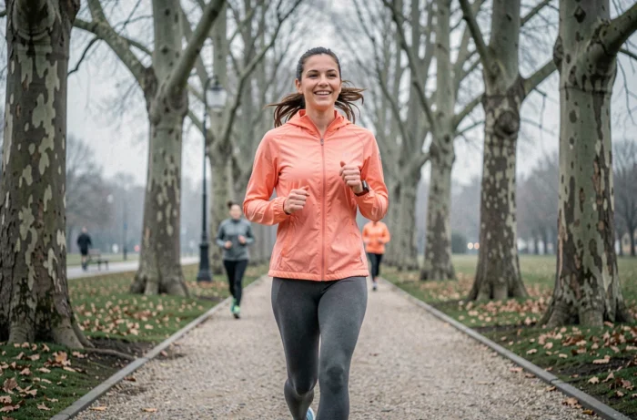 Femme faisant du jogging dans un parc urbain pour améliorer sa santé physique et son bien-être quotidien