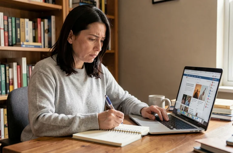 Femme concentrée lisant des sources en ligne et prenant des notes pour distinguer faits et opinions sur internet