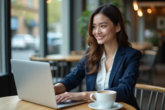 Jeune femme professionnelle mettant à jour son profil LinkedIn dans un café pour optimiser sa recherche d'emploi